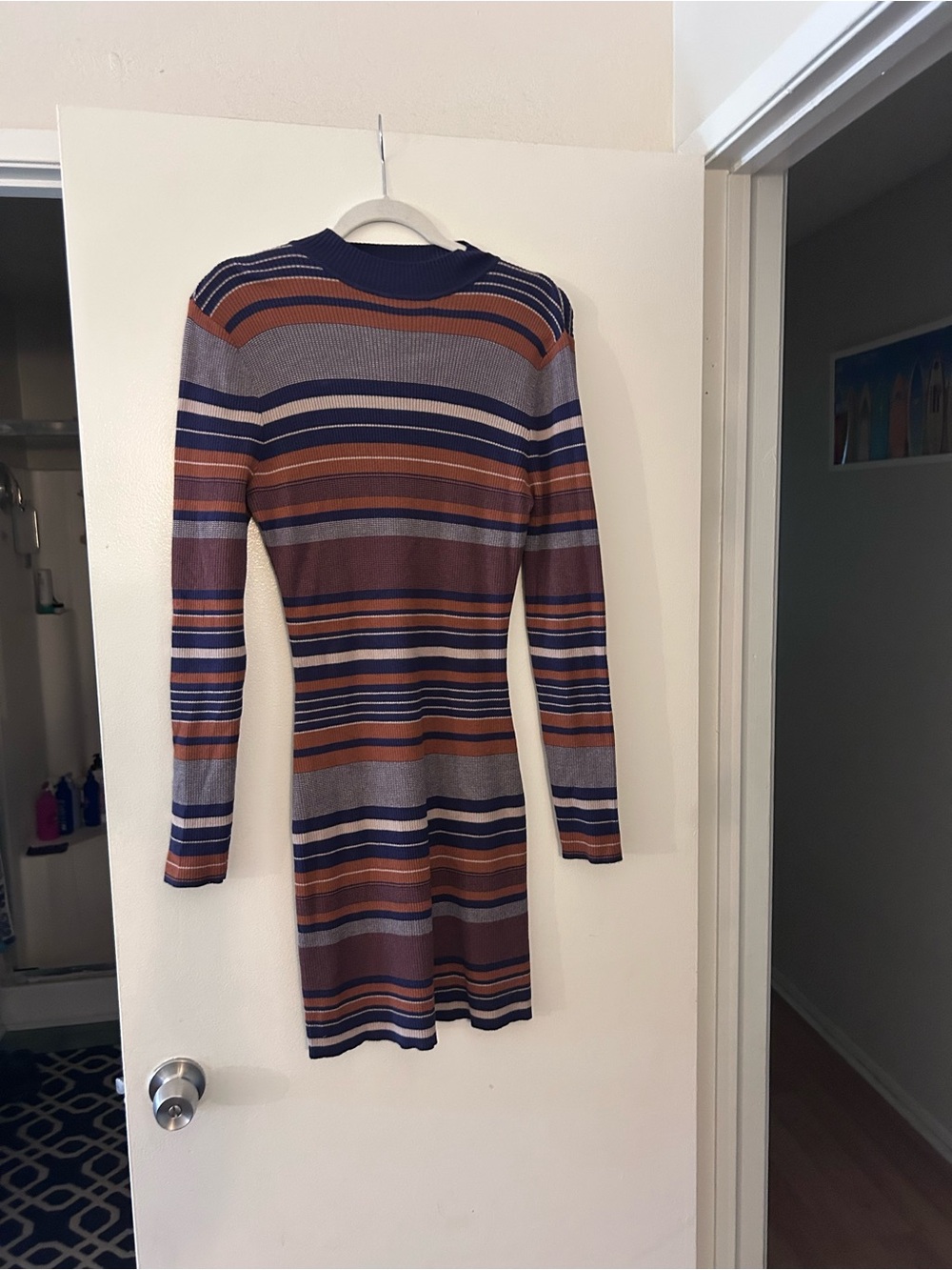 Cotton On Striped Long-Sleeve Knit Dress in Rust, Navy and Gray